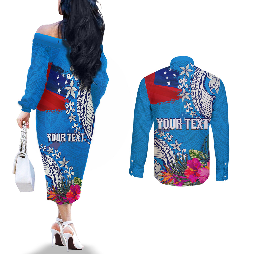 Personalised Samoa Coat Of Arms Couples Matching Off The Shoulder Long Sleeve Dress and Long Sleeve Button Shirt Tropical Flower Blue Polynesian Pattern LT03 - Polynesian Pride