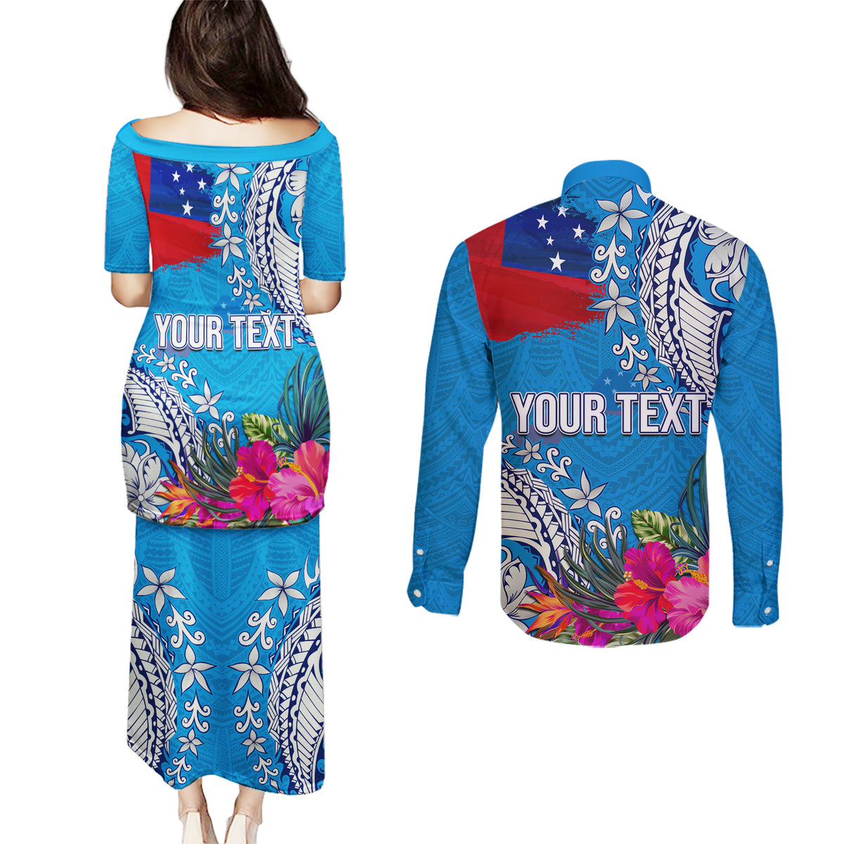 Personalised Samoa Coat Of Arms Couples Matching Puletasi Dress and Long Sleeve Button Shirt Tropical Flower Blue Polynesian Pattern LT03 - Polynesian Pride