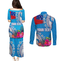 Personalised Samoa Coat Of Arms Couples Matching Puletasi Dress and Long Sleeve Button Shirt Tropical Flower Blue Polynesian Pattern LT03 - Polynesian Pride