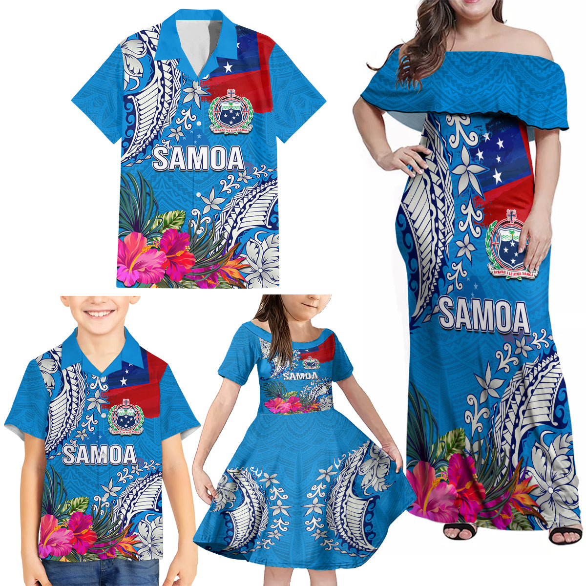 Personalised Samoa Coat Of Arms Family Matching Off Shoulder Maxi Dress and Hawaiian Shirt Tropical Flower Blue Polynesian Pattern LT03 - Polynesian Pride