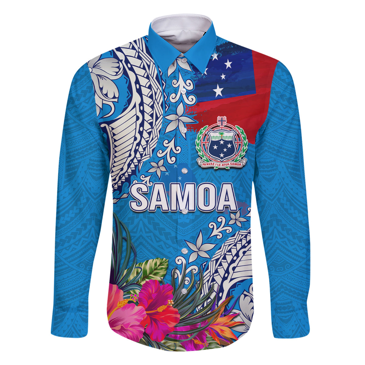 Personalised Samoa Coat Of Arms Family Matching Summer Maxi Dress and Hawaiian Shirt Tropical Flower Blue Polynesian Pattern LT03 Dad's Shirt - Long Sleeve Blue - Polynesian Pride
