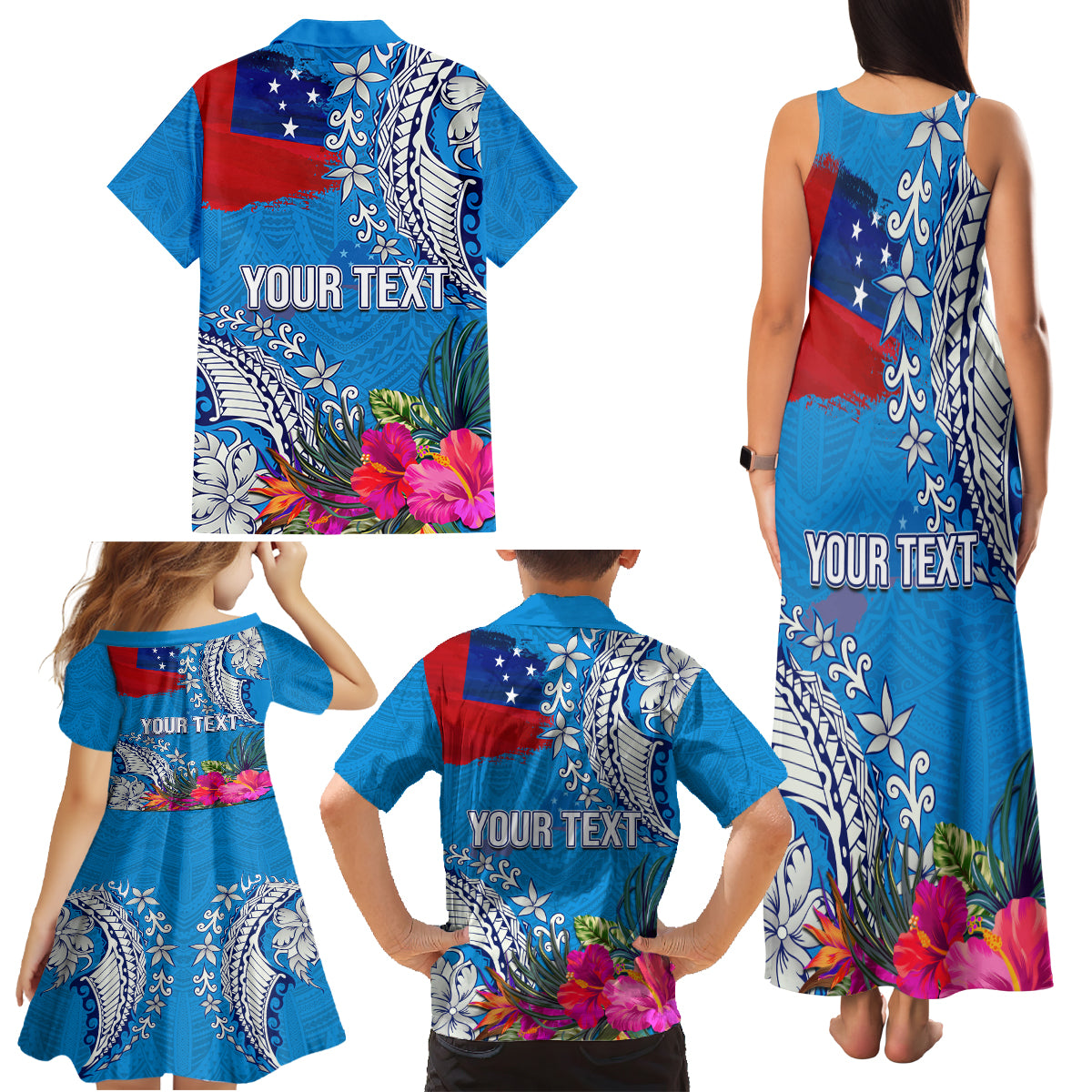 Personalised Samoa Coat Of Arms Family Matching Tank Maxi Dress and Hawaiian Shirt Tropical Flower Blue Polynesian Pattern LT03 - Polynesian Pride