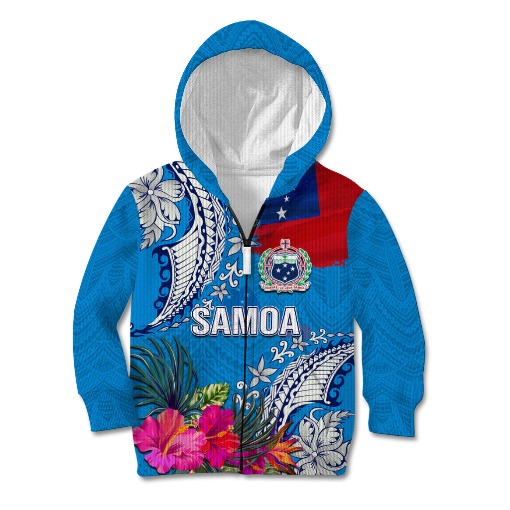 Personalised Samoa Coat Of Arms Kid Hoodie Tropical Flower Blue Polynesian Pattern LT03 Zip Hoodie Blue - Polynesian Pride