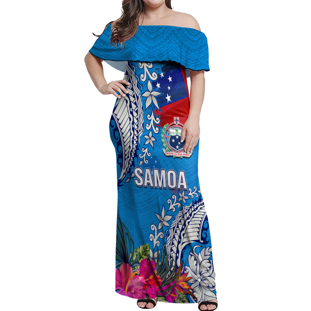 Personalised Samoa Coat Of Arms Off Shoulder Maxi Dress Tropical Flower Blue Polynesian Pattern LT03 Women Blue - Polynesian Pride