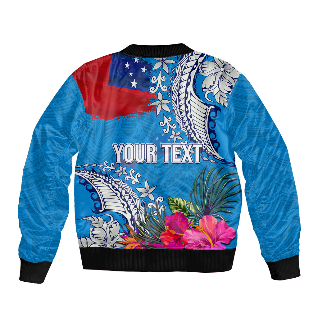 Personalised Samoa Coat Of Arms Sleeve Zip Bomber Jacket Tropical Flower Blue Polynesian Pattern LT03 - Polynesian Pride