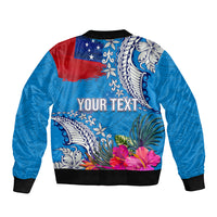 Personalised Samoa Coat Of Arms Sleeve Zip Bomber Jacket Tropical Flower Blue Polynesian Pattern LT03 - Polynesian Pride