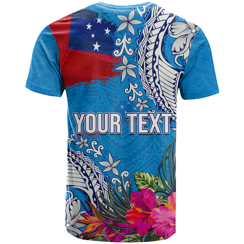 Personalised Samoa Coat Of Arms T Shirt Tropical Flower Blue Polynesian Pattern LT03 - Polynesian Pride