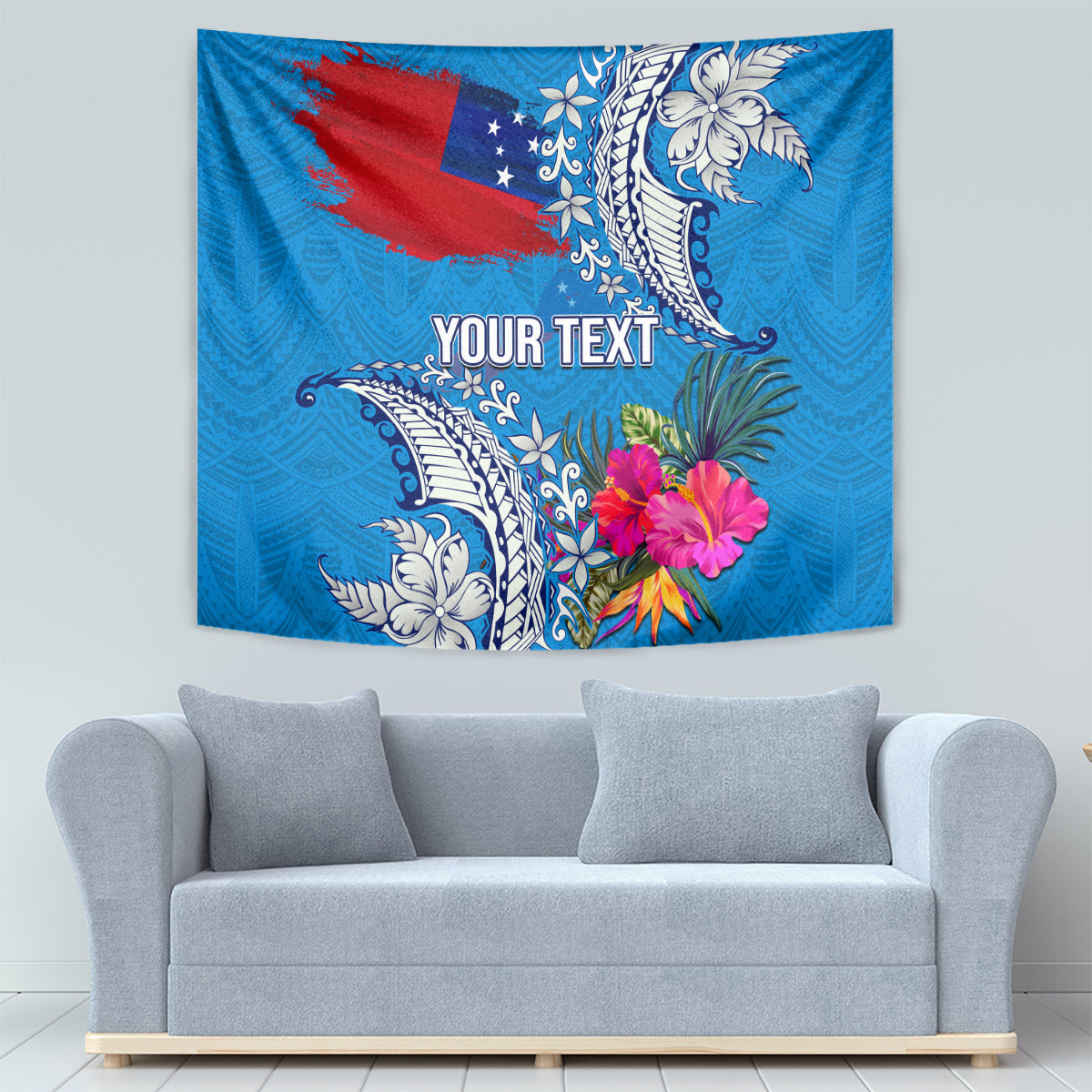 Personalised Samoa Coat Of Arms Tapestry Tropical Flower Blue Polynesian Pattern LT03 - Polynesian Pride