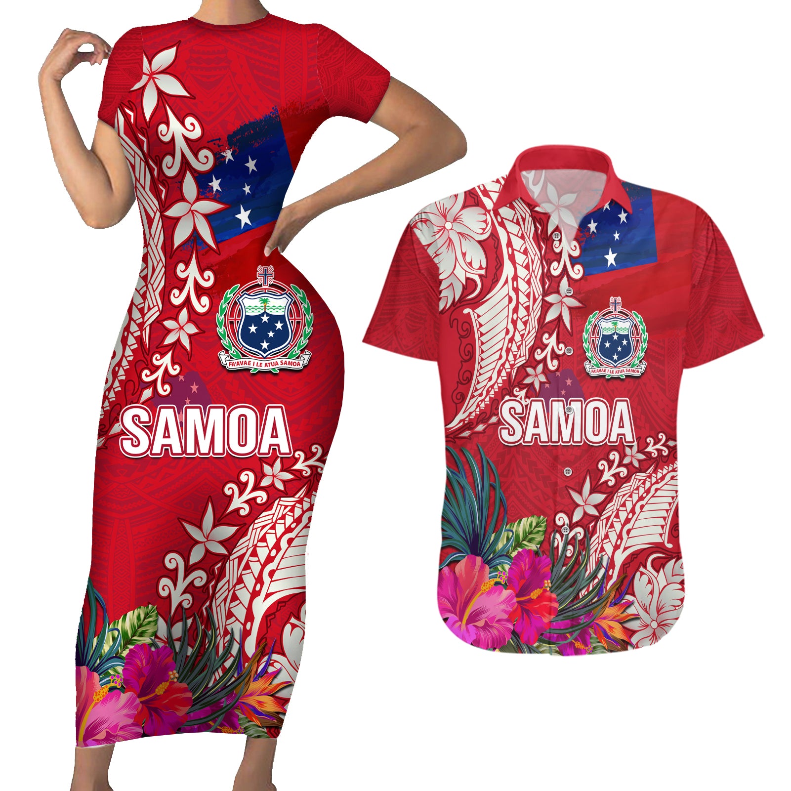 Personalised Samoa Coat Of Arms Couples Matching Short Sleeve Bodycon Dress and Hawaiian Shirt Tropical Flower Red Polynesian Pattern LT03 Red - Polynesian Pride