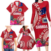 Personalised Samoa Coat Of Arms Family Matching Long Sleeve Bodycon Dress and Hawaiian Shirt Tropical Flower Red Polynesian Pattern LT03 - Polynesian Pride
