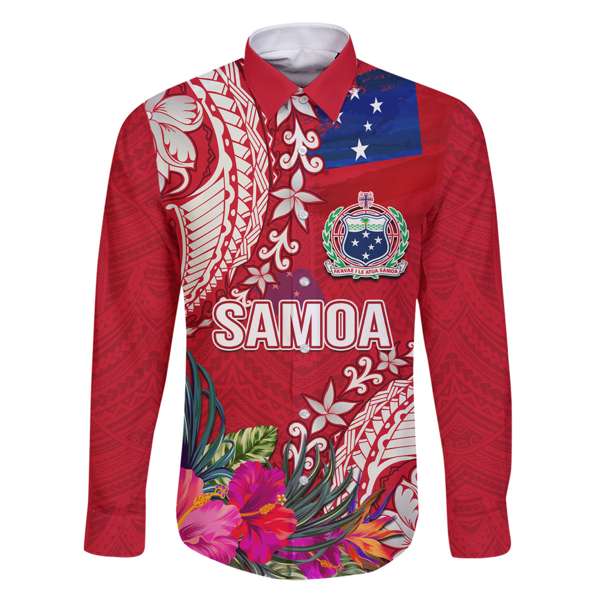 Personalised Samoa Coat Of Arms Family Matching Long Sleeve Bodycon Dress and Hawaiian Shirt Tropical Flower Red Polynesian Pattern LT03 Dad's Shirt - Long Sleeve Red - Polynesian Pride