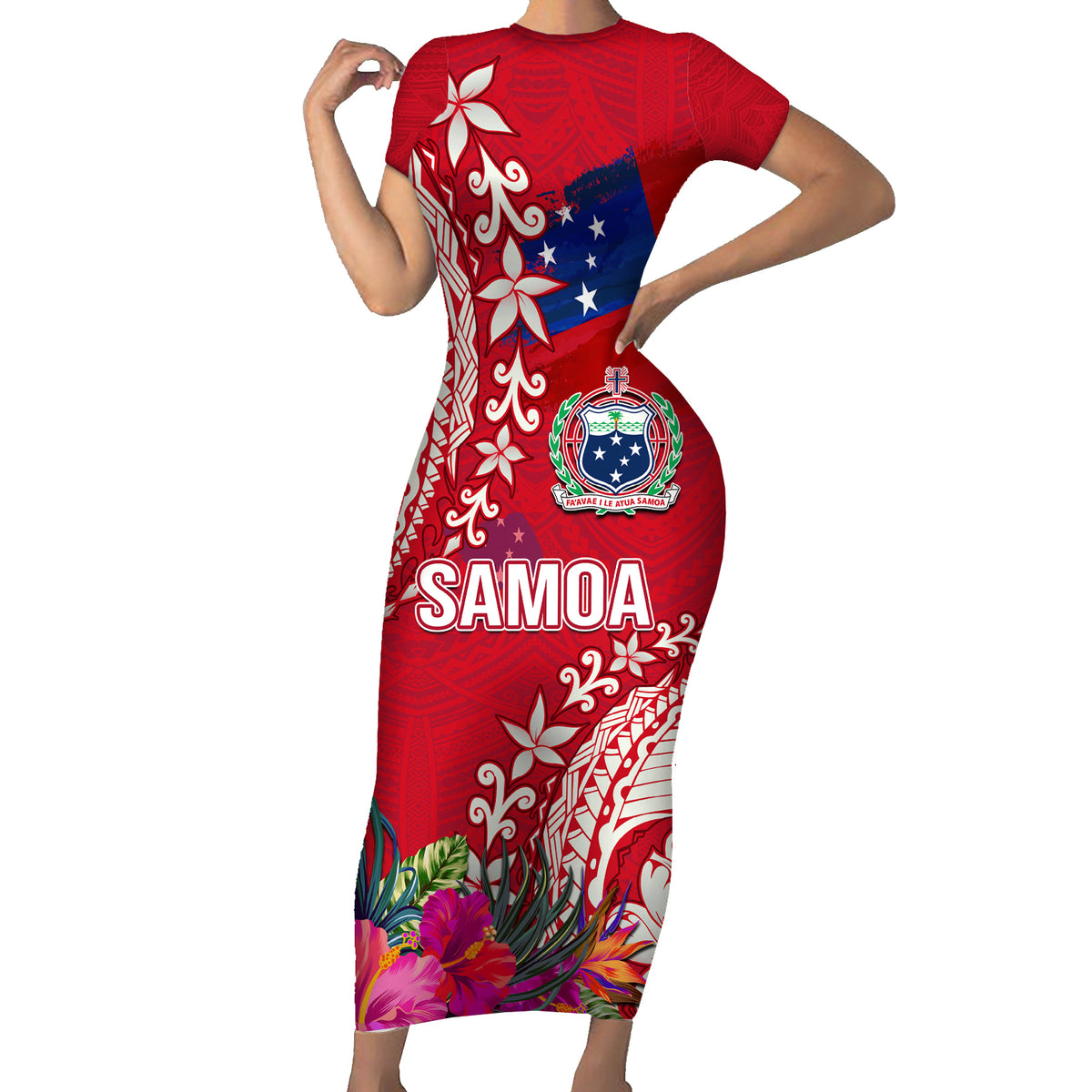 Personalised Samoa Coat Of Arms Family Matching Short Sleeve Bodycon Dress and Hawaiian Shirt Tropical Flower Red Polynesian Pattern LT03 Mom's Dress Red - Polynesian Pride