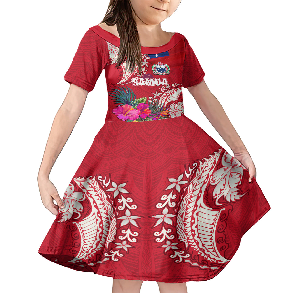 Personalised Samoa Coat Of Arms Family Matching Tank Maxi Dress and Hawaiian Shirt Tropical Flower Red Polynesian Pattern LT03 Daughter's Dress Red - Polynesian Pride