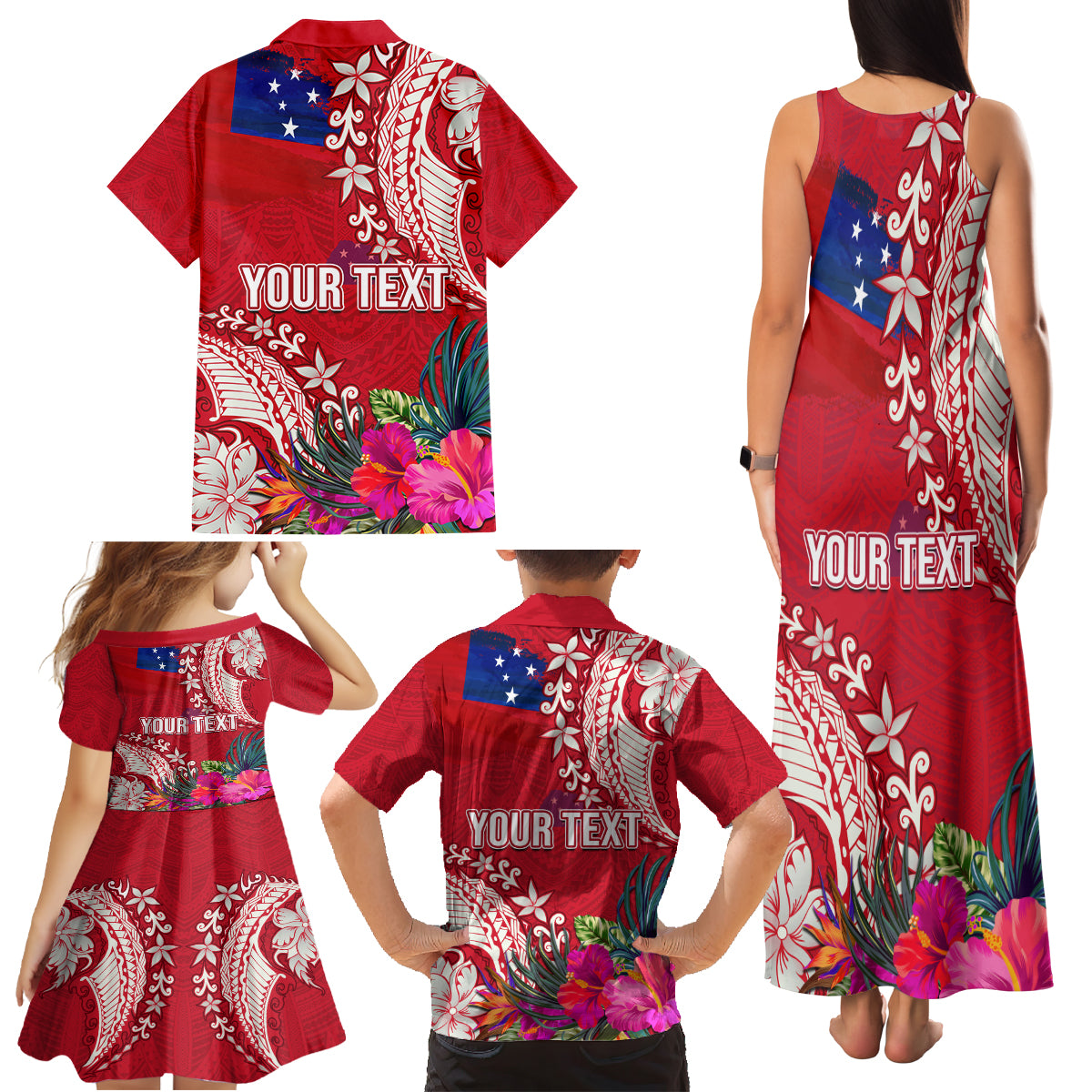 Personalised Samoa Coat Of Arms Family Matching Tank Maxi Dress and Hawaiian Shirt Tropical Flower Red Polynesian Pattern LT03 - Polynesian Pride