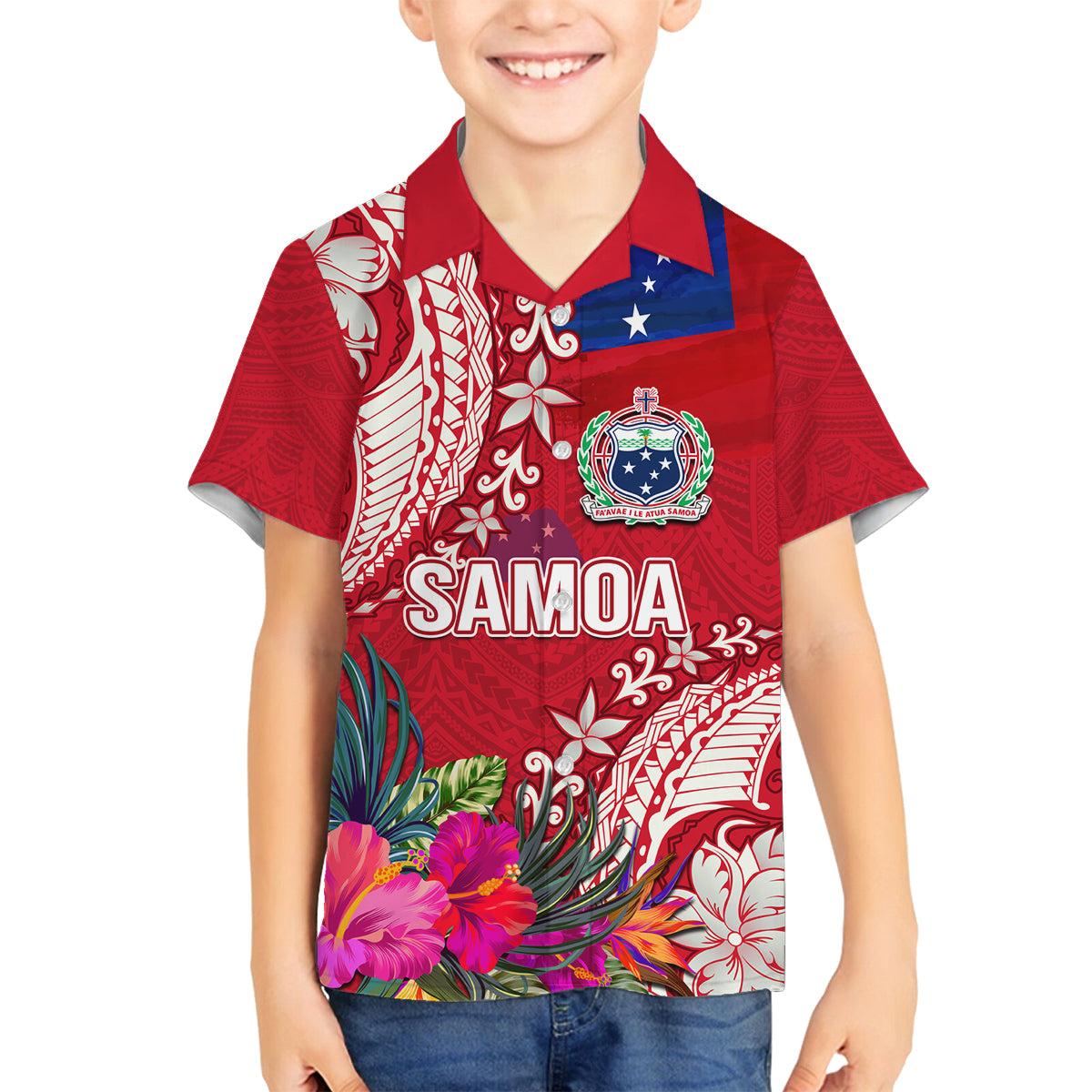 Personalised Samoa Coat Of Arms Family Matching Tank Maxi Dress and Hawaiian Shirt Tropical Flower Red Polynesian Pattern LT03 Son's Shirt Red - Polynesian Pride