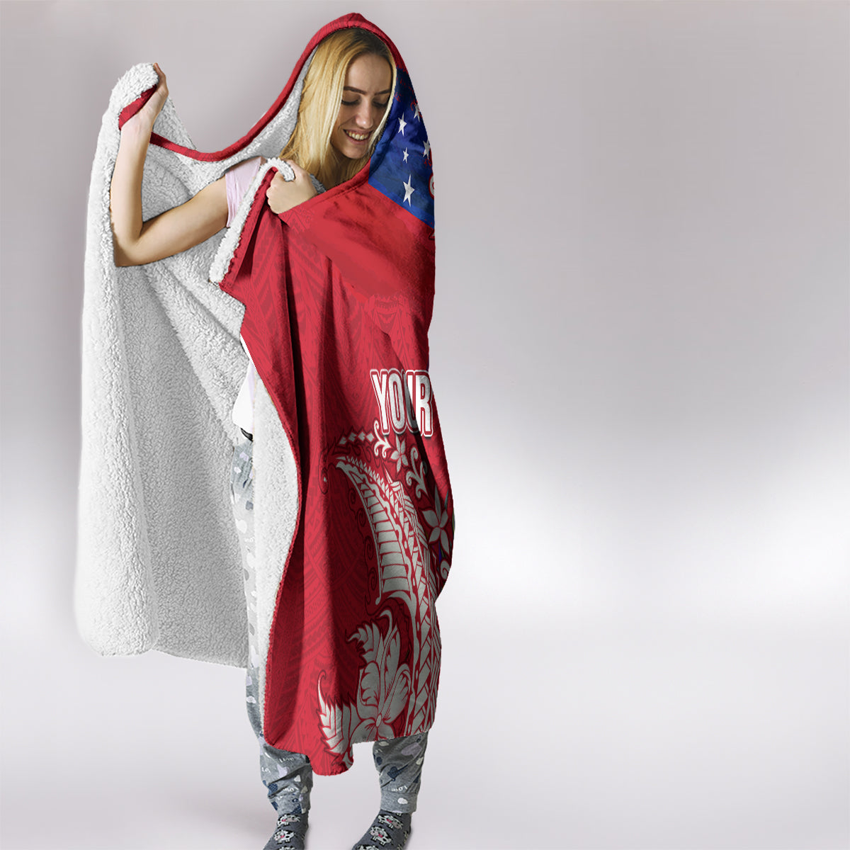 Personalised Samoa Coat Of Arms Hooded Blanket Tropical Flower Red Polynesian Pattern LT03 - Polynesian Pride