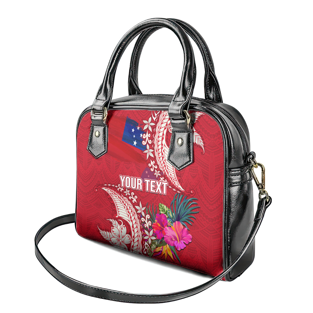 Personalised Samoa Coat Of Arms Shoulder Handbag Tropical Flower Red Polynesian Pattern LT03 - Polynesian Pride