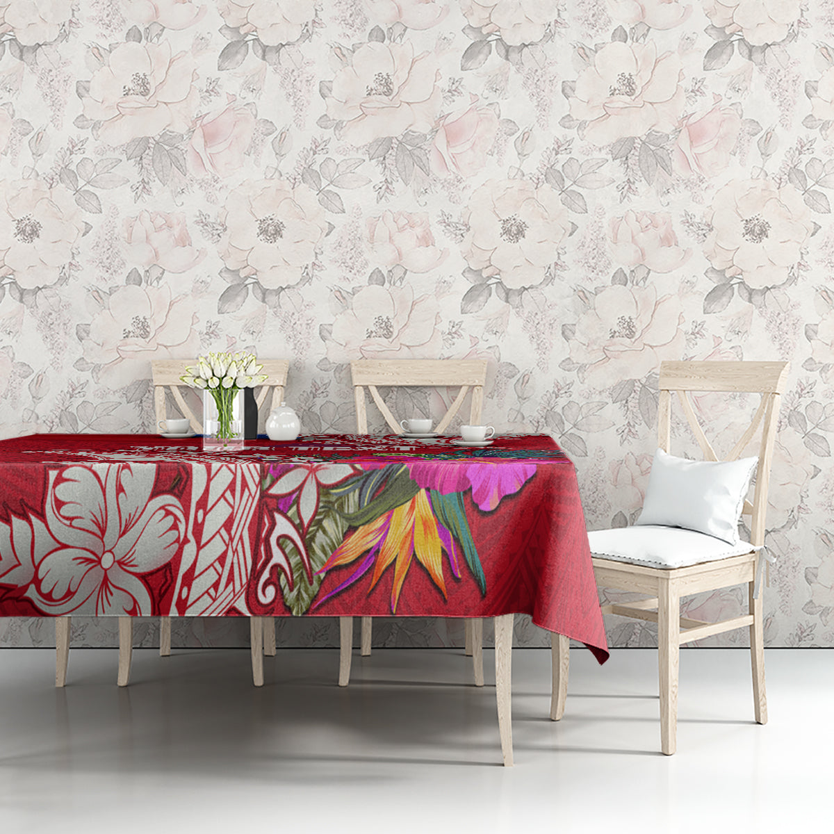 Personalised Samoa Coat Of Arms Tablecloth Tropical Flower Red Polynesian Pattern LT03 - Polynesian Pride