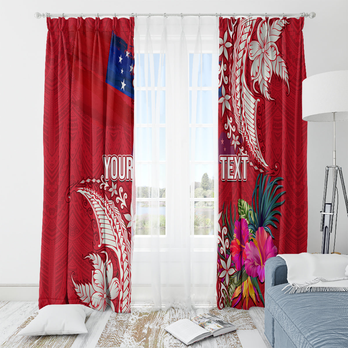Personalised Samoa Coat Of Arms Window Curtain Tropical Flower Red Polynesian Pattern LT03 - Polynesian Pride