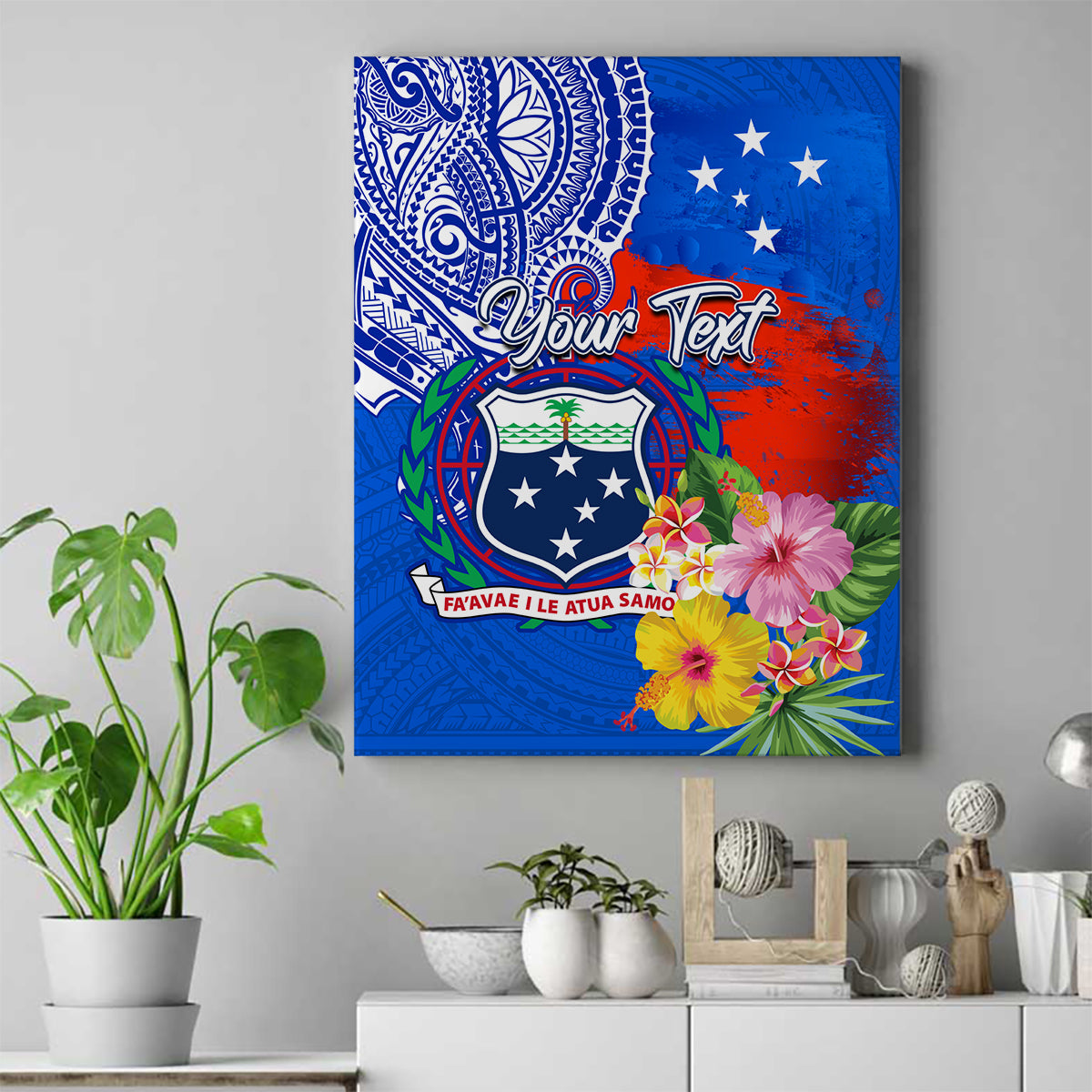 Personalised Samoa Coat Of Arms Canvas Wall Art Hibiscus Polynesian Tattoo Pattern LT03 Blue - Polynesian Pride