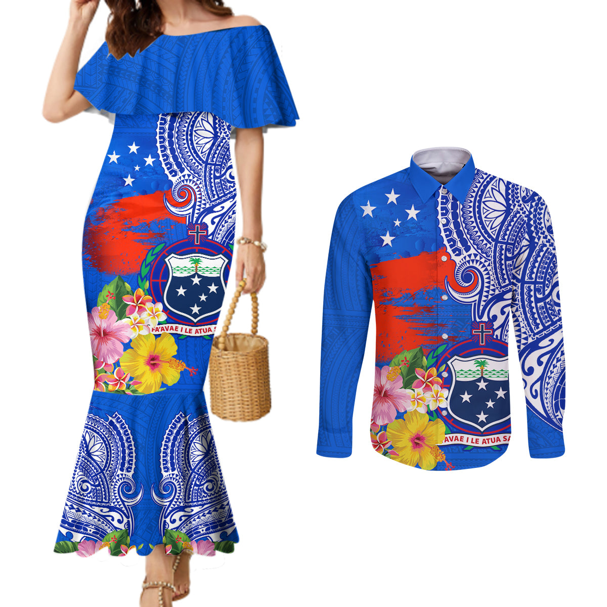 Personalised Samoa Coat Of Arms Couples Matching Mermaid Dress and Long Sleeve Button Shirt Hibiscus Polynesian Tattoo Pattern LT03 Blue - Polynesian Pride
