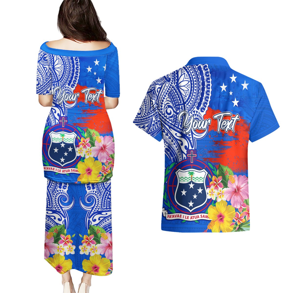 Personalised Samoa Coat Of Arms Couples Matching Puletasi Dress and Hawaiian Shirt Hibiscus Polynesian Tattoo Pattern LT03 - Polynesian Pride