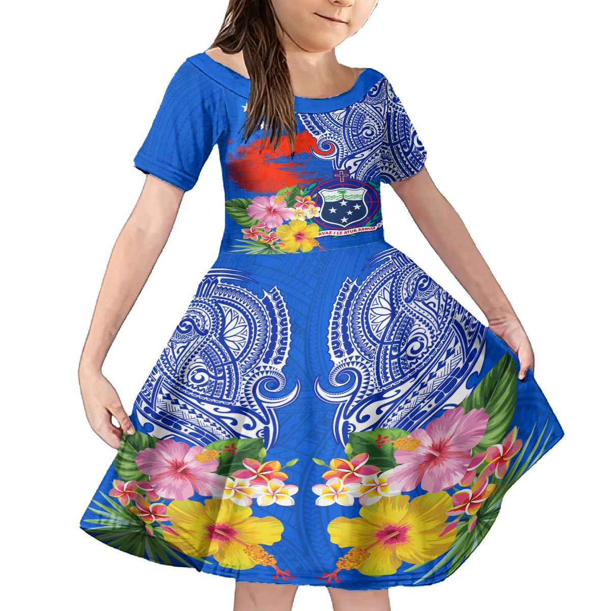 Personalised Samoa Coat Of Arms Family Matching Puletasi Dress and Hawaiian Shirt Hibiscus Polynesian Tattoo Pattern LT03 Daughter's Dress Blue - Polynesian Pride