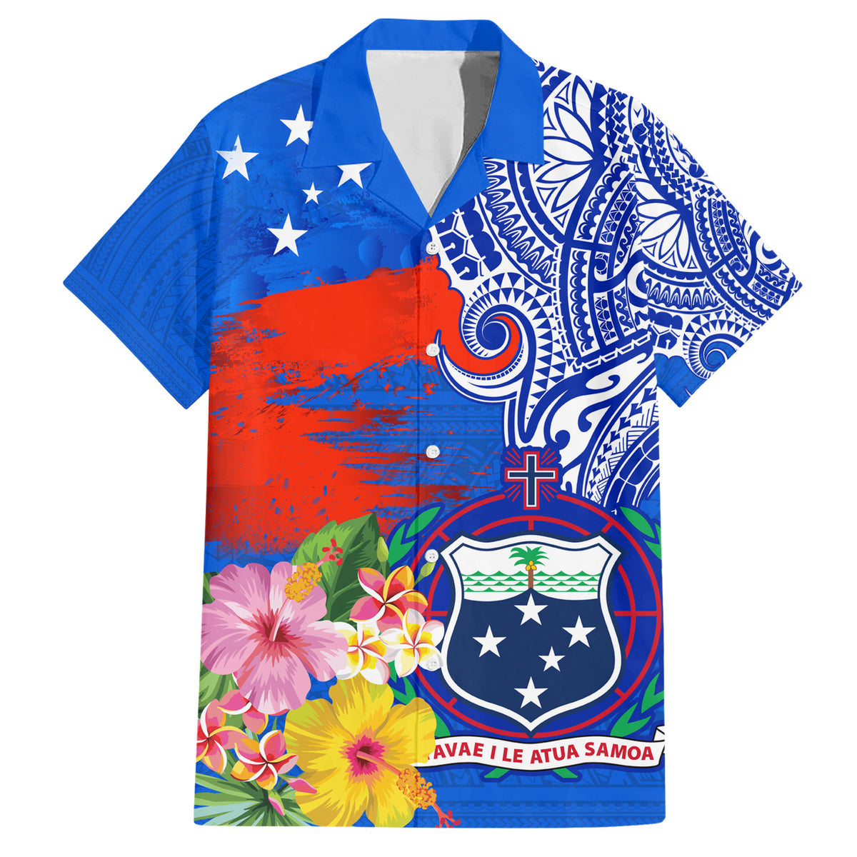 Personalised Samoa Coat Of Arms Family Matching Short Sleeve Bodycon Dress and Hawaiian Shirt Hibiscus Polynesian Tattoo Pattern LT03 Dad's Shirt - Short Sleeve Blue - Polynesian Pride