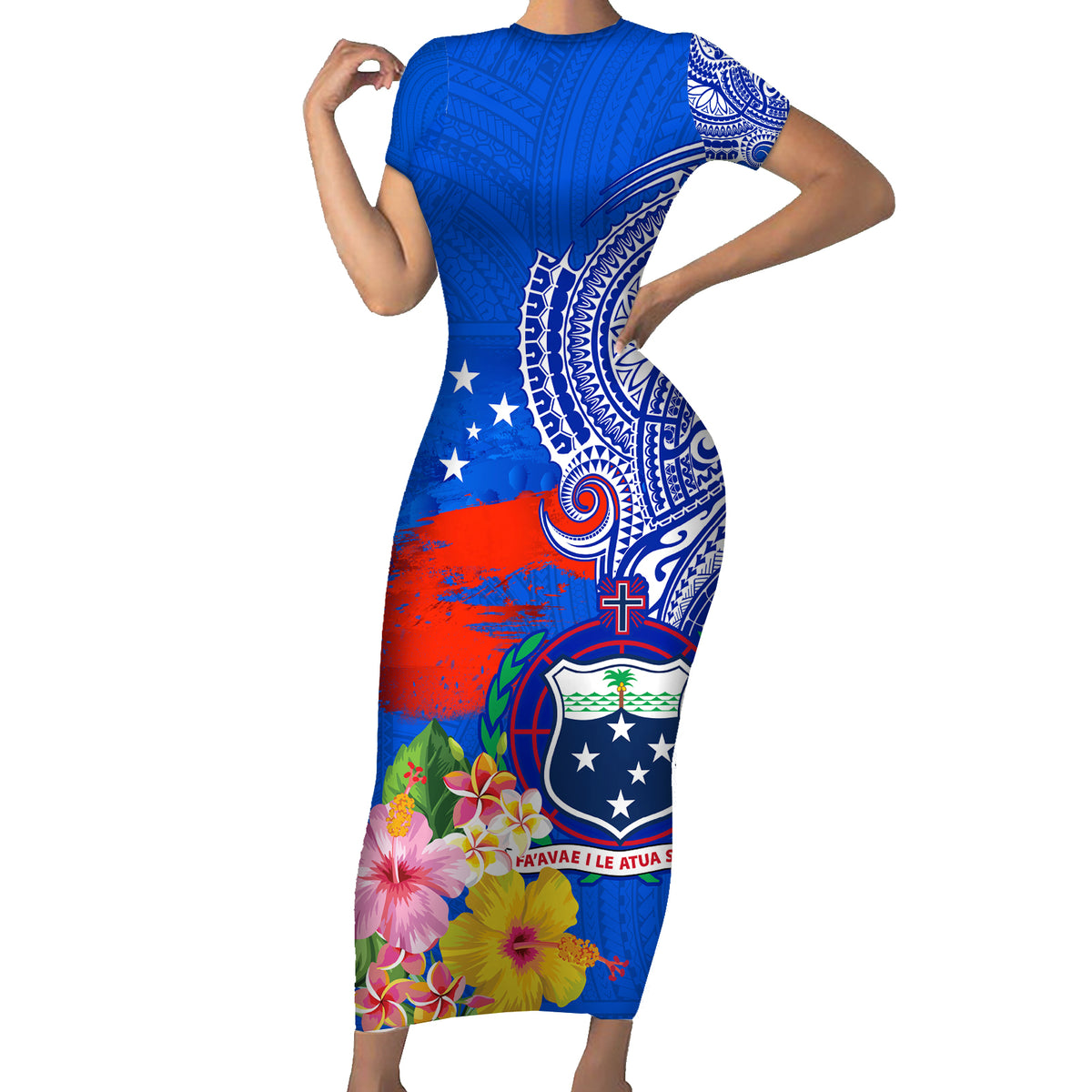 Personalised Samoa Coat Of Arms Family Matching Short Sleeve Bodycon Dress and Hawaiian Shirt Hibiscus Polynesian Tattoo Pattern LT03 Mom's Dress Blue - Polynesian Pride