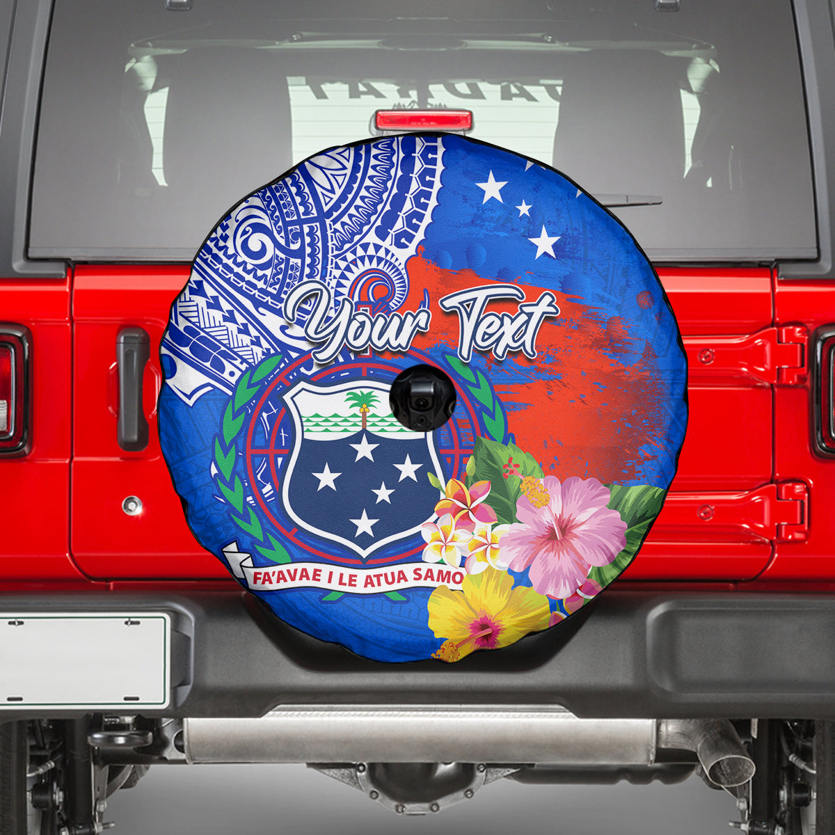 Personalised Samoa Coat Of Arms Spare Tire Cover Hibiscus Polynesian Tattoo Pattern LT03 - Polynesian Pride