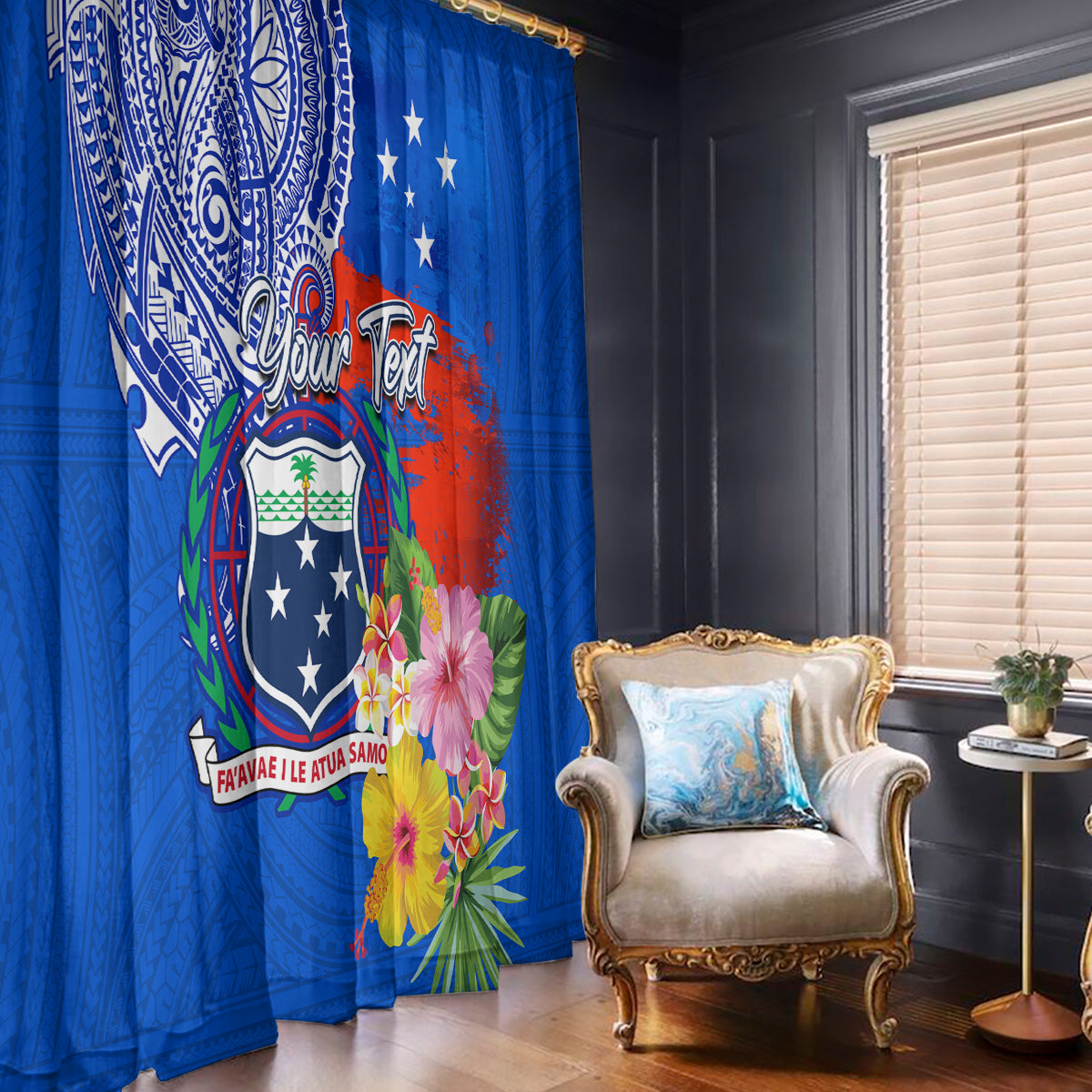 Personalised Samoa Coat Of Arms Window Curtain Hibiscus Polynesian Tattoo Pattern LT03 - Polynesian Pride