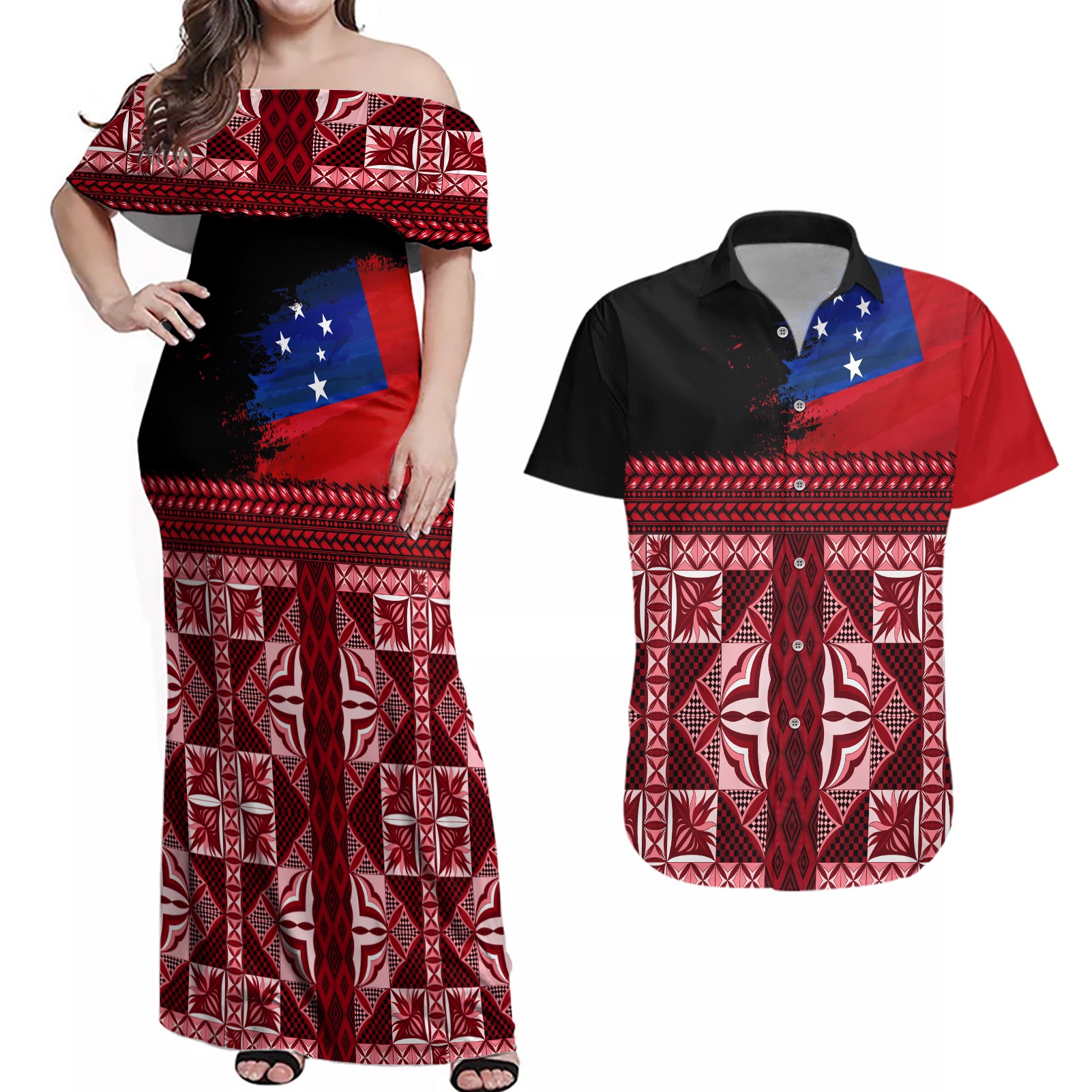 Samoa Flag Day Couples Matching Off Shoulder Maxi Dress and Hawaiian Shirt Siapo Pattern and Ula Fala LT03 Red - Polynesian Pride