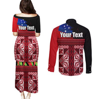 Samoa Flag Day Couples Matching Puletasi and Long Sleeve Button Shirt Siapo Pattern and Ula Fala LT03 - Polynesian Pride
