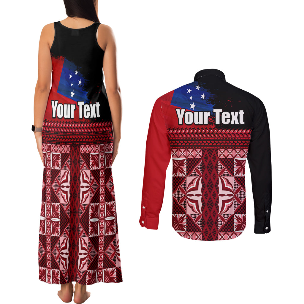 Samoa Flag Day Couples Matching Tank Maxi Dress and Long Sleeve Button Shirt Siapo Pattern and Ula Fala LT03 - Polynesian Pride