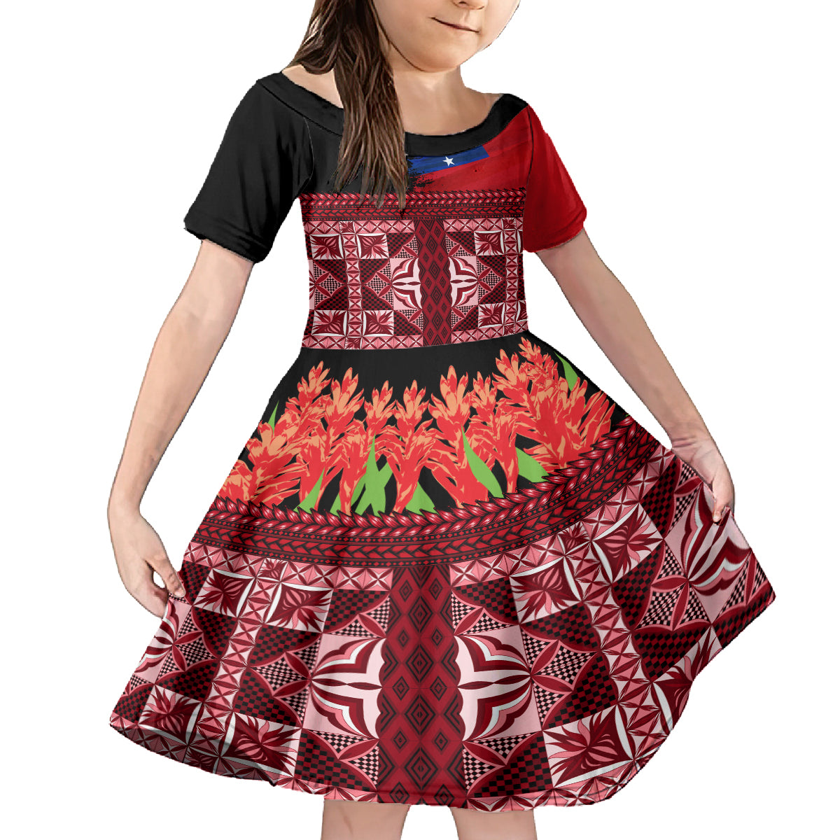 Samoa Flag Day Family Matching Long Sleeve Bodycon Dress and Hawaiian Shirt Siapo Pattern and Ula Fala LT03 Daughter's Dress Red - Polynesian Pride