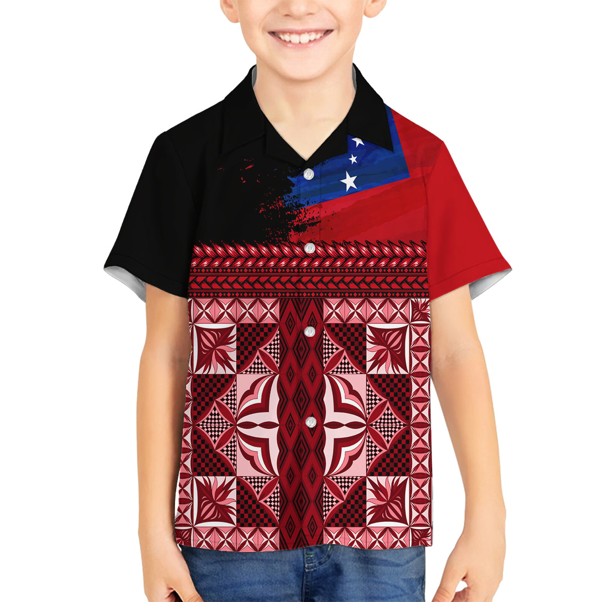 Samoa Flag Day Family Matching Off Shoulder Maxi Dress and Hawaiian Shirt Siapo Pattern and Ula Fala LT03 Son's Shirt Red - Polynesian Pride