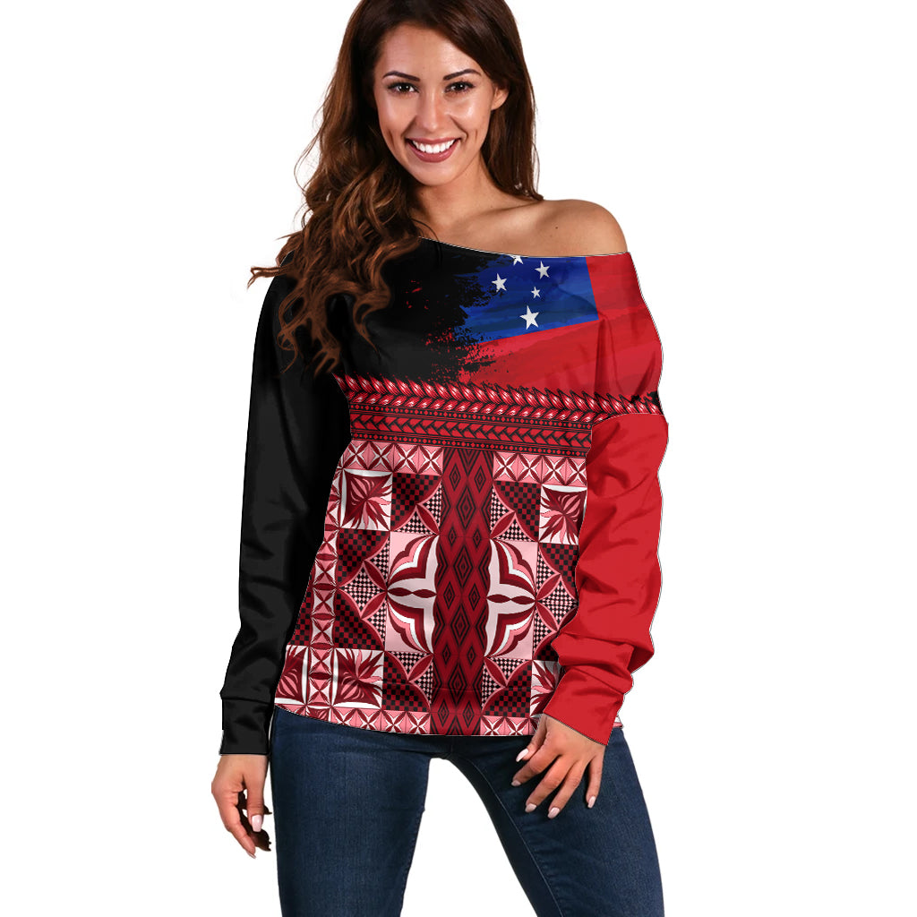 Samoa Flag Day Off Shoulder Sweater Siapo Pattern and Ula Fala LT03 Women Red - Polynesian Pride