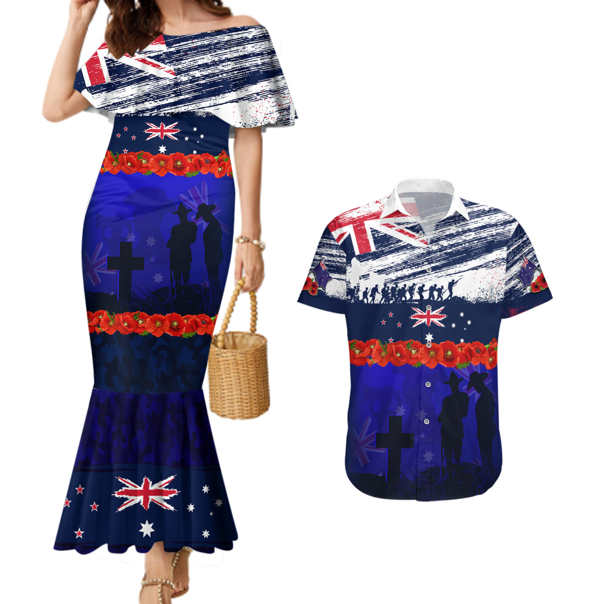 New Zealand and Australia ANZAC Day Couples Matching Mermaid Dress and Hawaiian Shirt Lest We Forget Red Poppy Flowers and Soldier LT03 Blue - Polynesian Pride