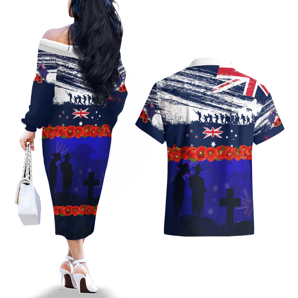 New Zealand and Australia ANZAC Day Couples Matching Off The Shoulder Long Sleeve Dress and Hawaiian Shirt Lest We Forget Red Poppy Flowers and Soldier LT03 - Polynesian Pride