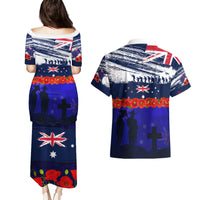 New Zealand and Australia ANZAC Day Couples Matching Puletasi and Hawaiian Shirt Lest We Forget Red Poppy Flowers and Soldier LT03 - Polynesian Pride