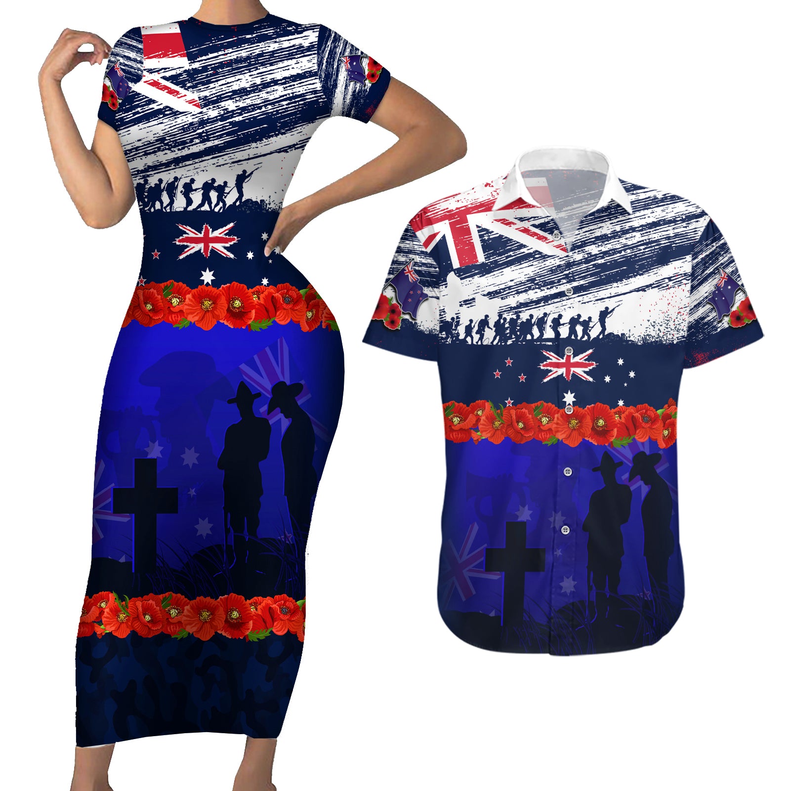 New Zealand and Australia ANZAC Day Couples Matching Short Sleeve Bodycon Dress and Hawaiian Shirt Lest We Forget Red Poppy Flowers and Soldier LT03 Blue - Polynesian Pride