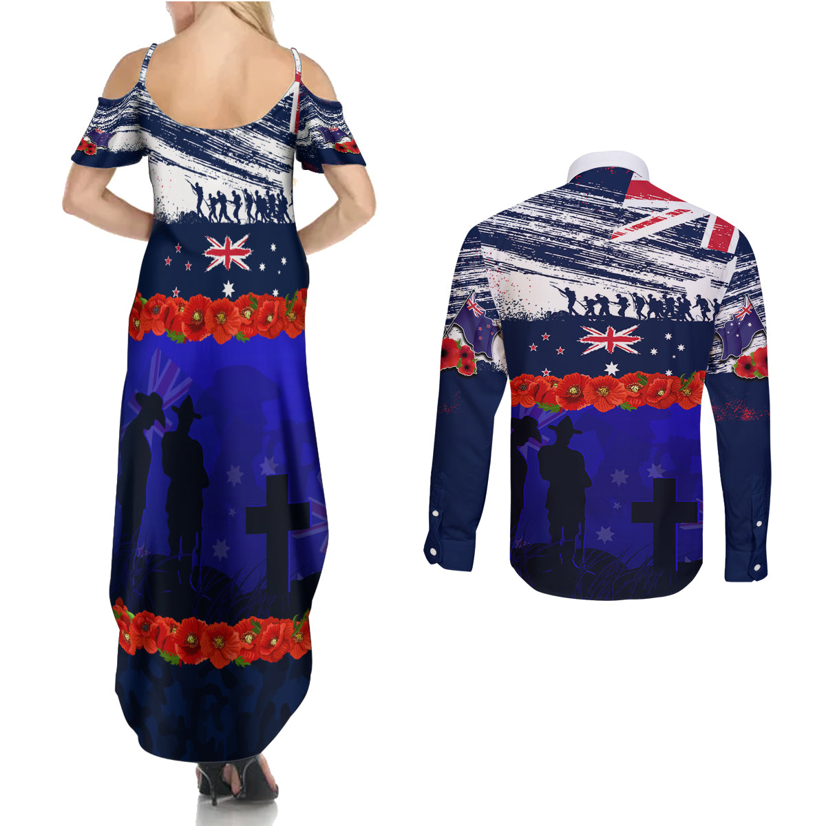 New Zealand and Australia ANZAC Day Couples Matching Summer Maxi Dress and Long Sleeve Button Shirt Lest We Forget Red Poppy Flowers and Soldier LT03 - Polynesian Pride