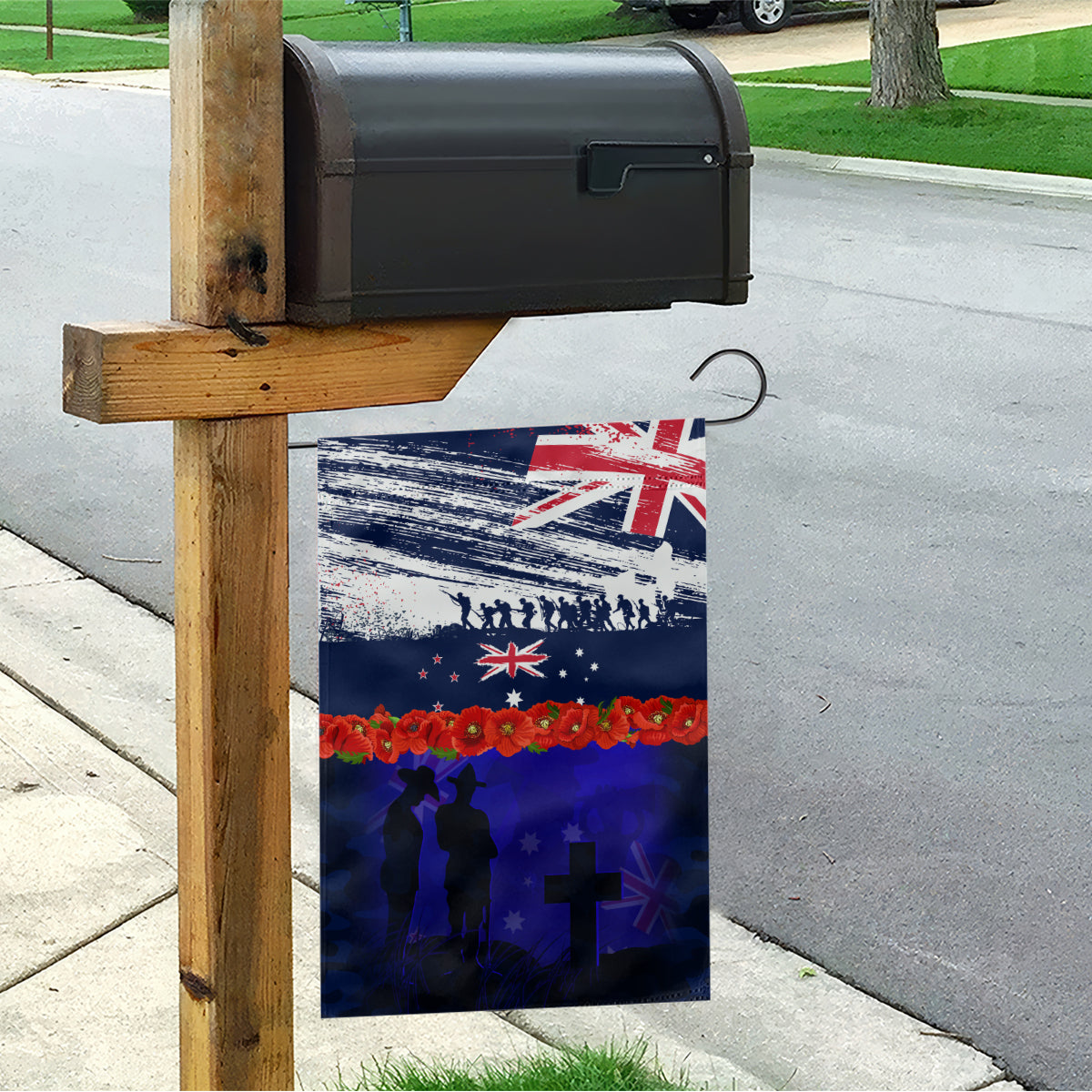 New Zealand and Australia ANZAC Day Garden Flag Lest We Forget Red Poppy Flowers and Soldier LT03 - Polynesian Pride