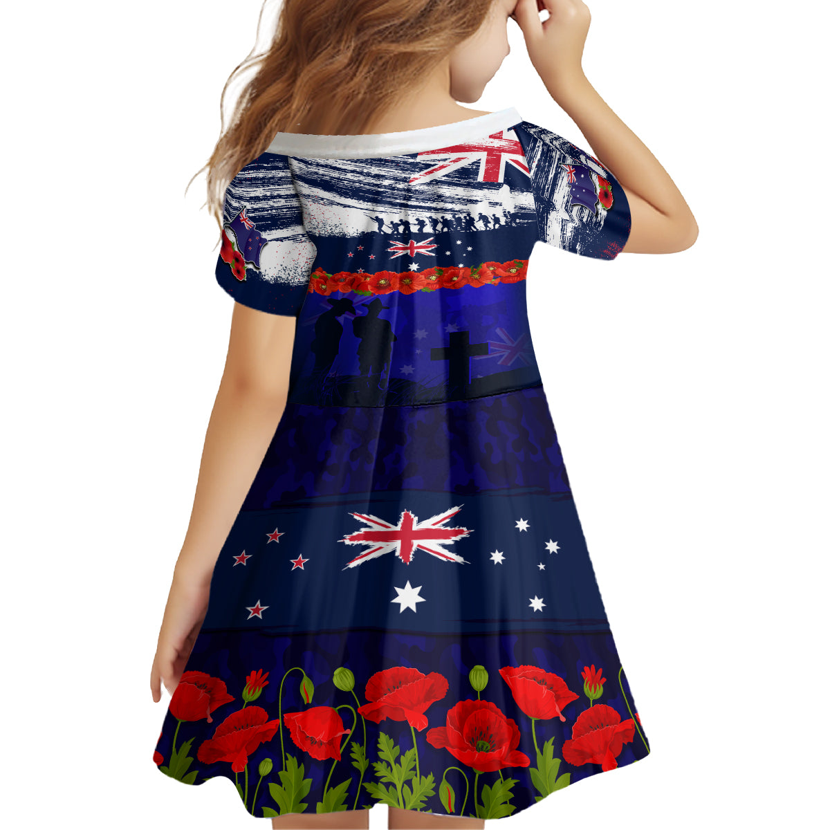 New Zealand and Australia ANZAC Day Kid Short Sleeve Dress Lest We Forget Red Poppy Flowers and Soldier LT03 - Polynesian Pride
