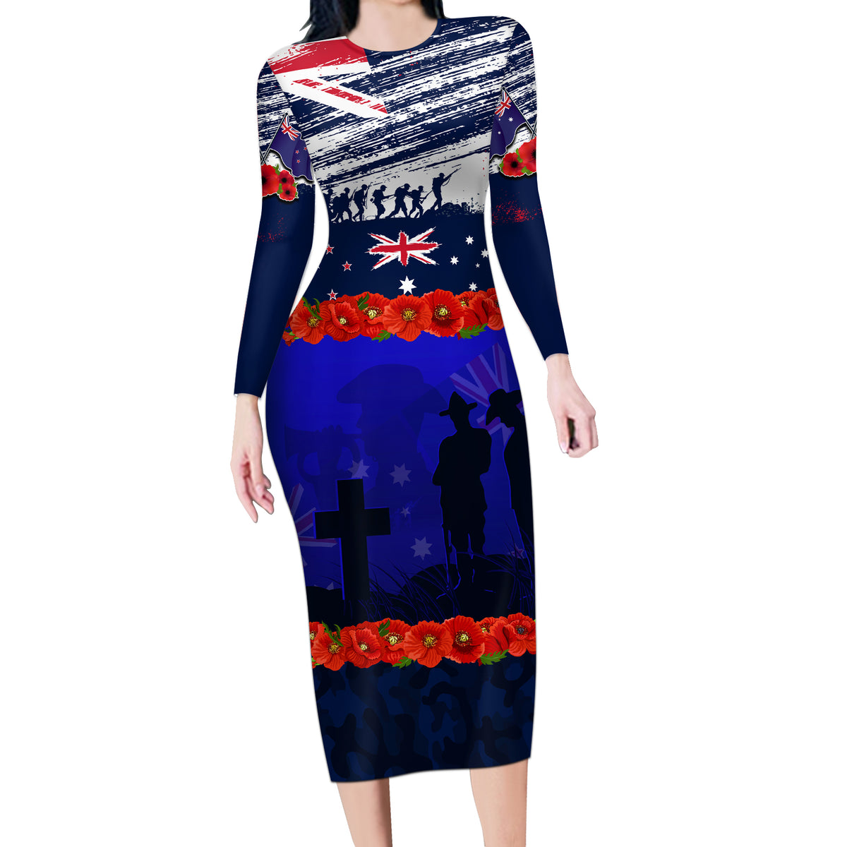 New Zealand and Australia ANZAC Day Long Sleeve Bodycon Dress Lest We Forget Red Poppy Flowers and Soldier LT03 Long Dress Blue - Polynesian Pride