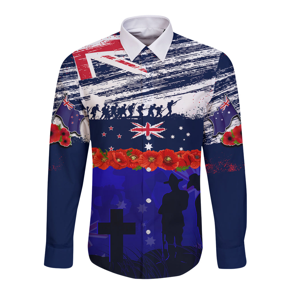 New Zealand and Australia ANZAC Day Long Sleeve Button Shirt Lest We Forget Red Poppy Flowers and Soldier LT03 Unisex Blue - Polynesian Pride