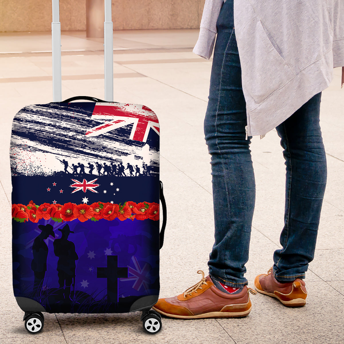 New Zealand and Australia ANZAC Day Luggage Cover Lest We Forget Red Poppy Flowers and Soldier LT03 Blue - Polynesian Pride