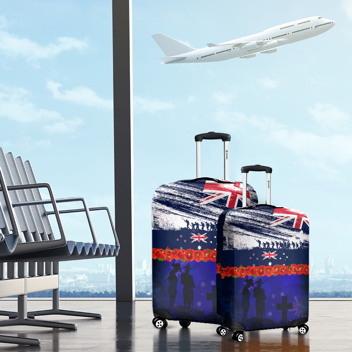 New Zealand and Australia ANZAC Day Luggage Cover Lest We Forget Red Poppy Flowers and Soldier LT03 - Polynesian Pride