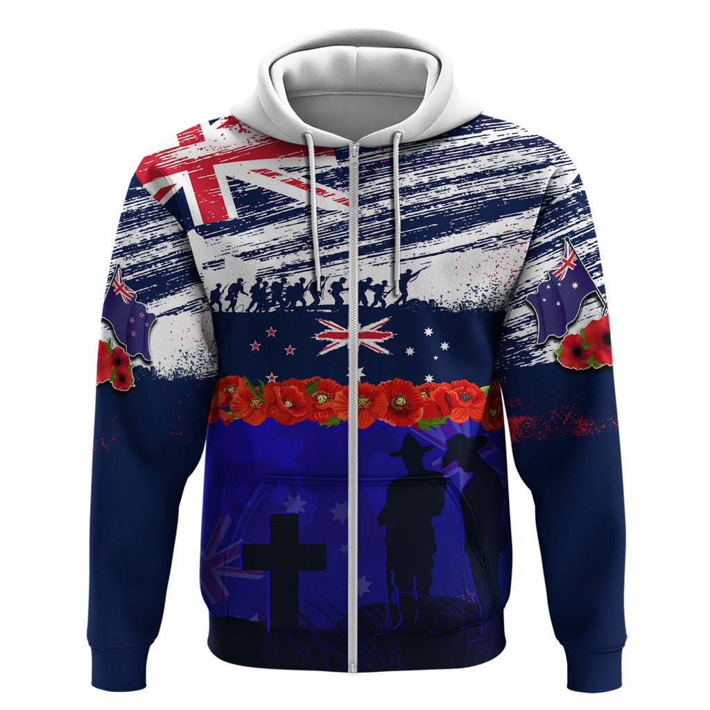 New Zealand and Australia ANZAC Day Zip Hoodie Lest We Forget Red Poppy Flowers and Soldier LT03 Zip Hoodie Blue - Polynesian Pride