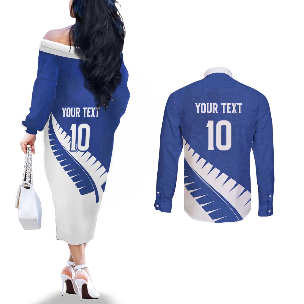 Custom New Zealand Cricket Couples Matching Off The Shoulder Long Sleeve Dress and Long Sleeve Button Shirt Kiwi Birds Haka Dance Blue Fern Sporty Style